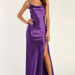 Lulu’s Dramatic Affair purple satin cowl neck gown
